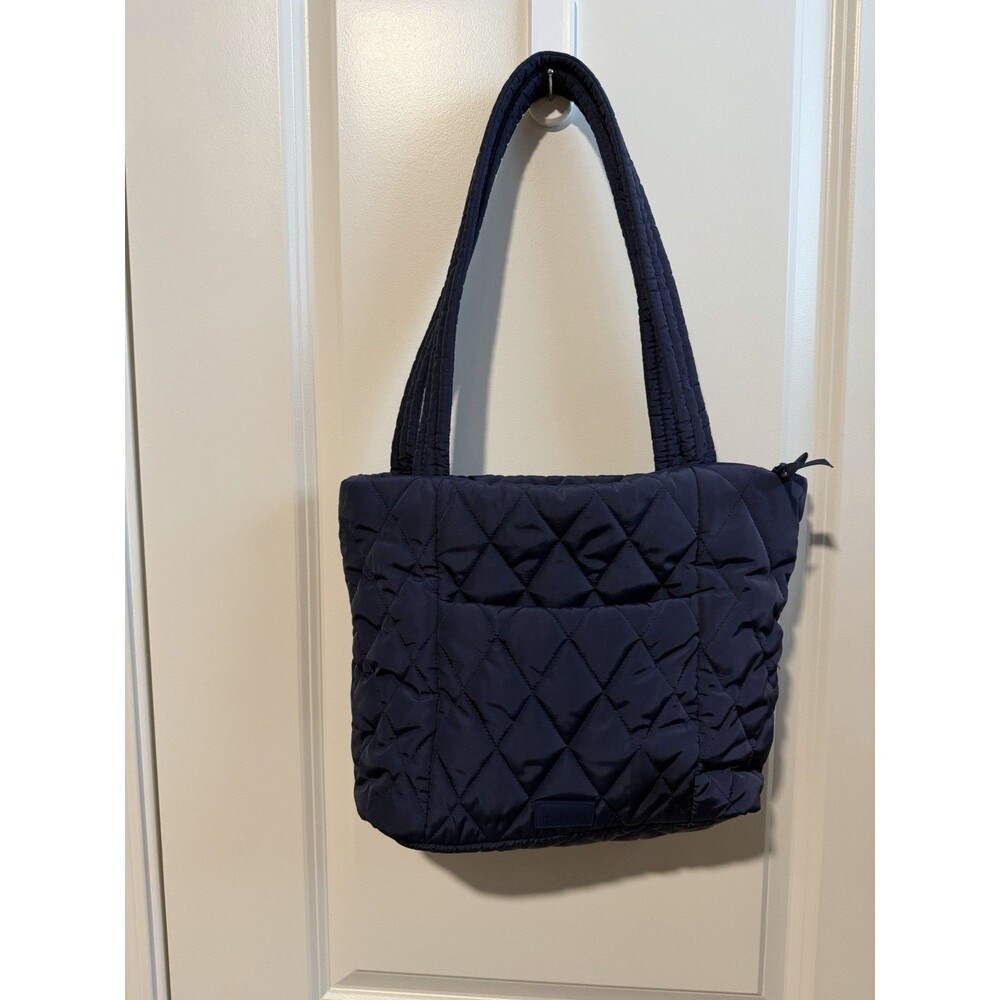 Vera Bradley Navy Blue Quilted Tote Bag Floral Lining Zip Top Shoulder Bag